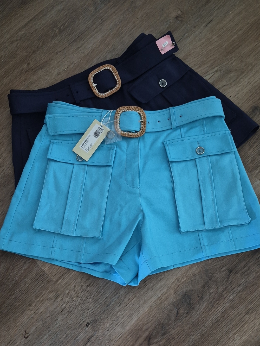 High-Waist Utility Shorts with Woven Buckle Belt - Turquoise/navy 2 Pair